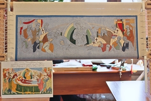 Плащаница Успение пресвятой Богородицы м престоящими лицевое шитье